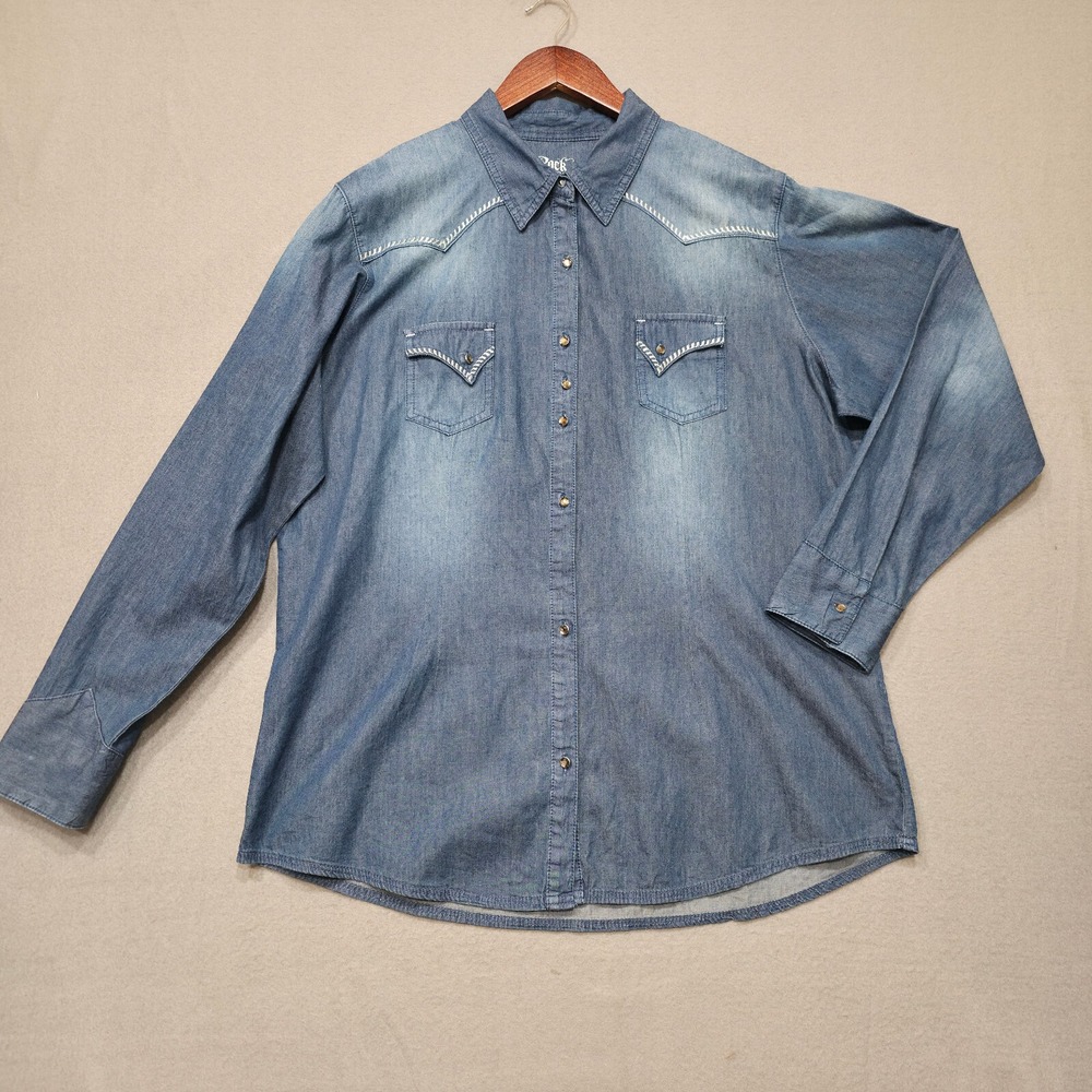 Rock 47 Womens Blue Long Sleeve Western Shirt with Gems as Buttons Size XXL